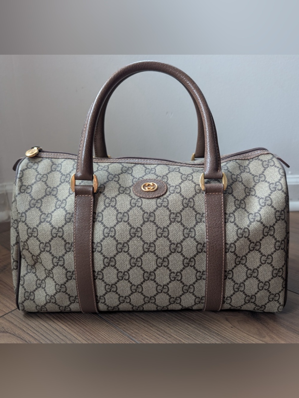 Gucci Beige GG Canvas Satchel with Brown Leather Trim